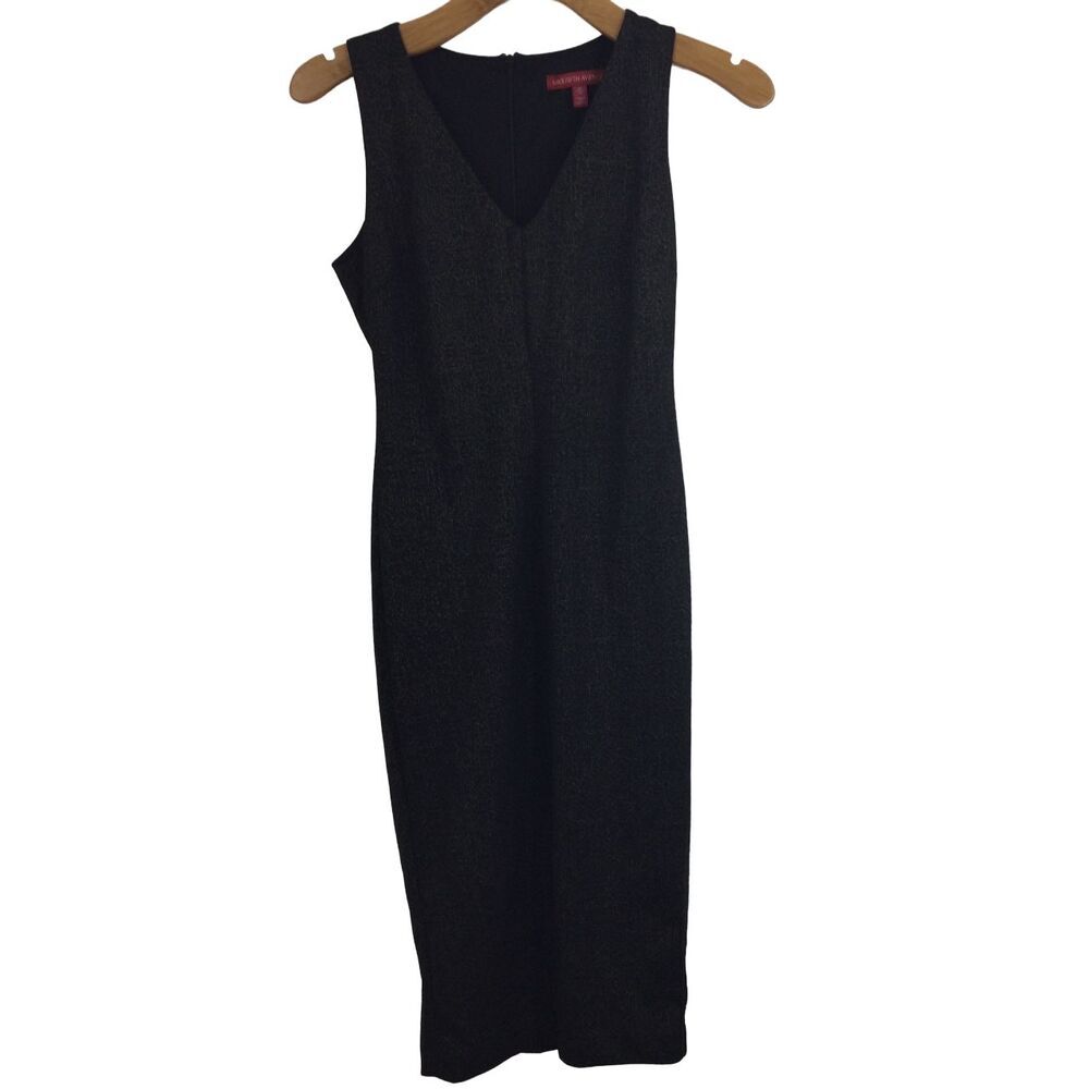 Saks 5th Avenue Womens V-Neck Sleeveless Sheath Dress Black Shimmer Size SP